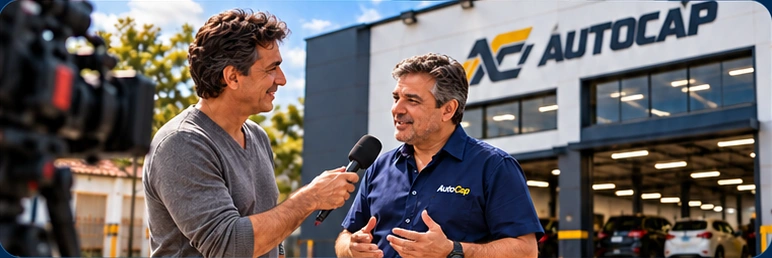 Entrevista em frente à fábrica AutoCap Brasil, conforme a referência enviada